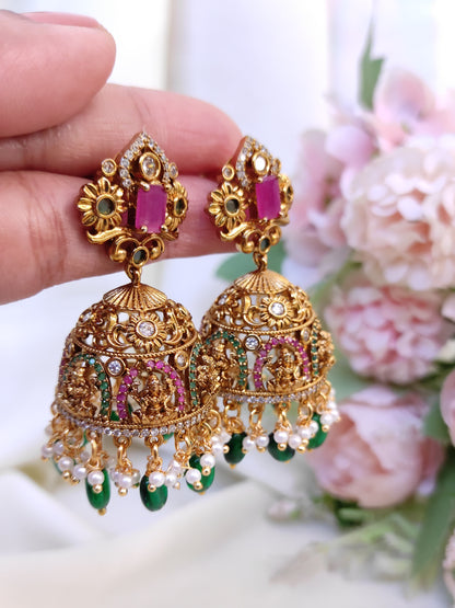 Temple Lakshmi Ruby Green Stone Jhumka Earrings with Pearl Drops