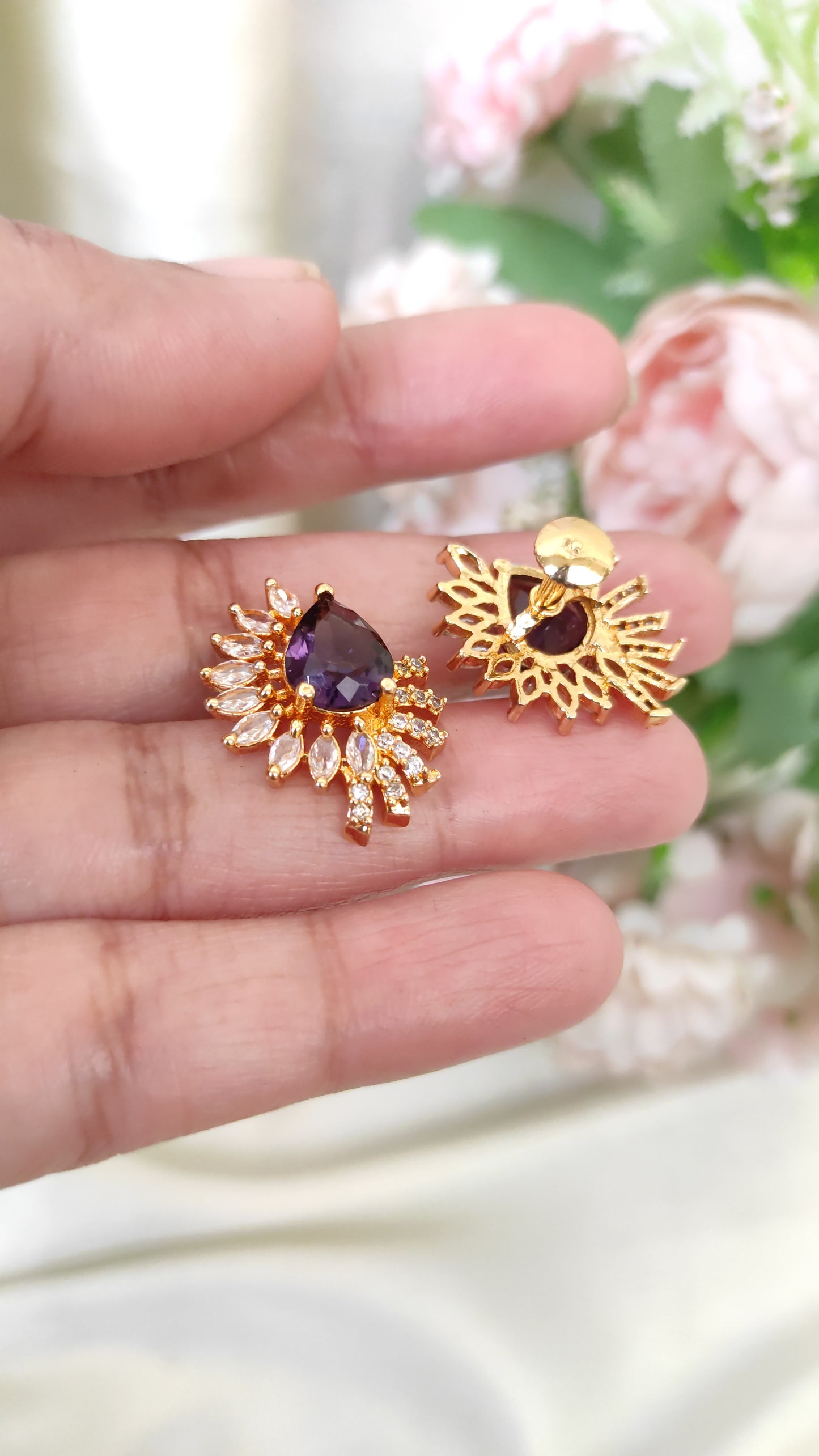 Purple Crystal Pear Drop Stud Earrings | Elegant Party Wear Jewelry