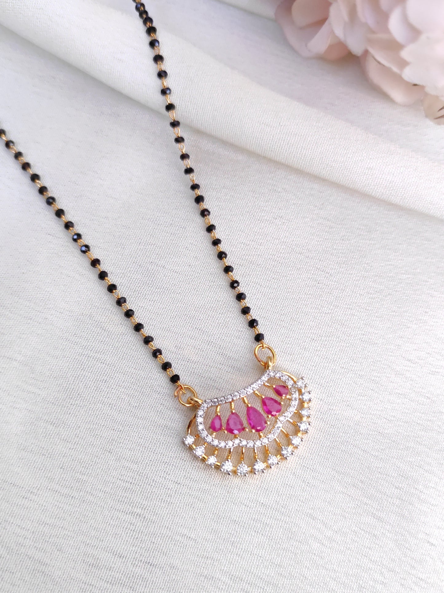 Ruby Pink AD Fan Pendant Black Bead Chain – Elegant Daily Wear Mangalsutra