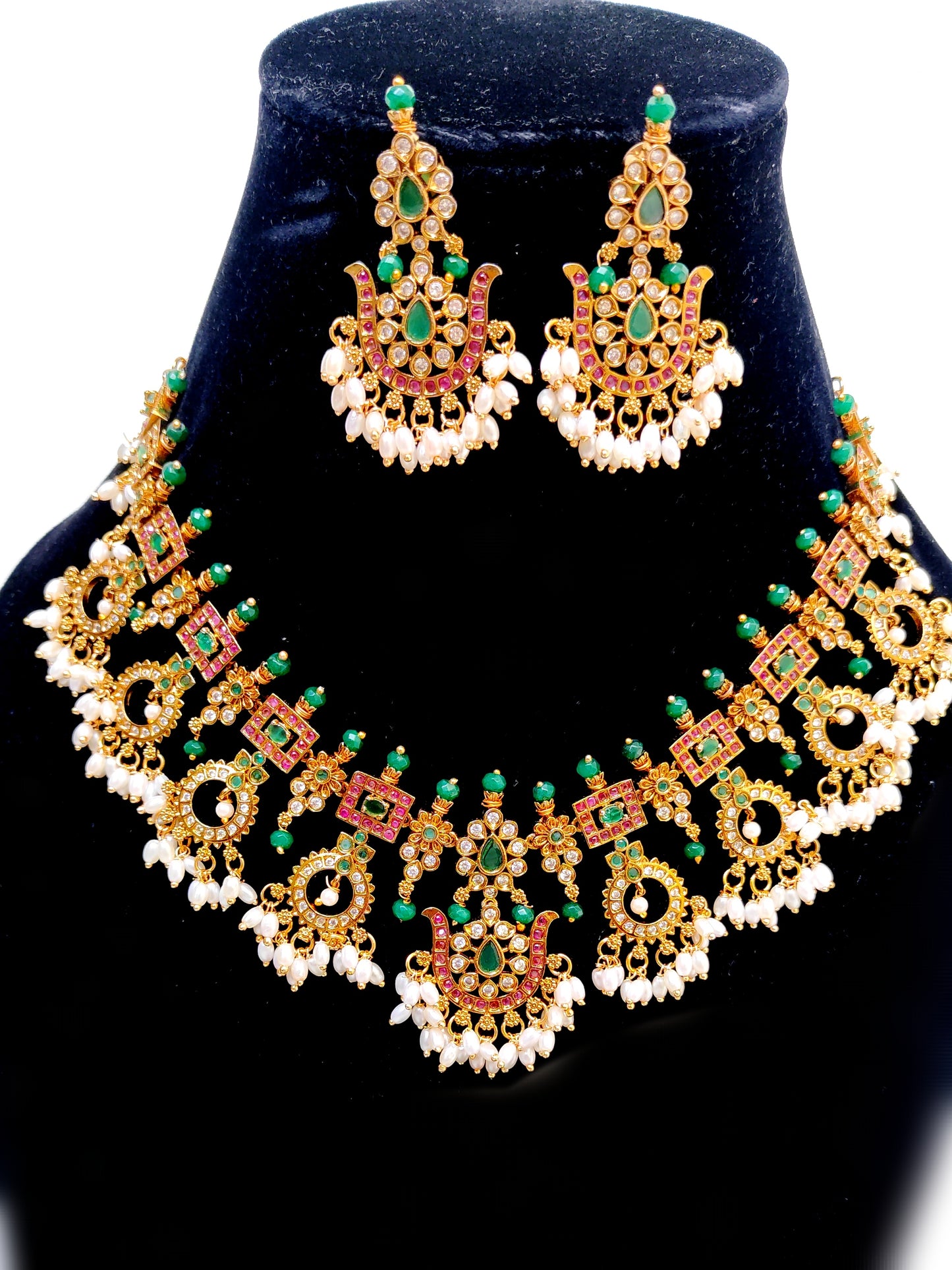 Premium Green Kemp Stone Temple Necklace Set with Pearls | South Indian Bridal Jewellery