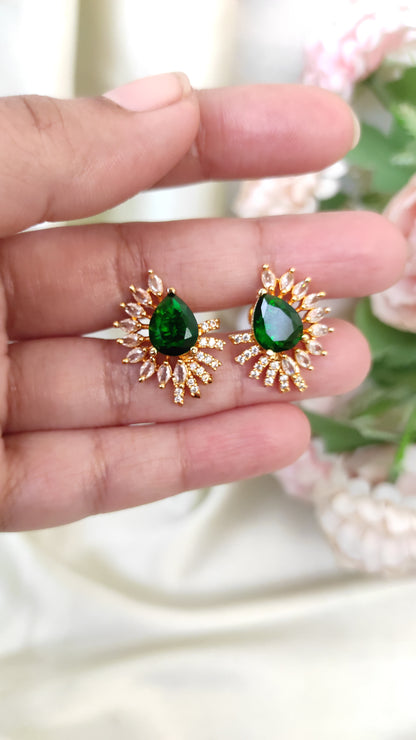 Green Crystal Pear Drop Stud Earrings | Elegant Party Wear Jewelry