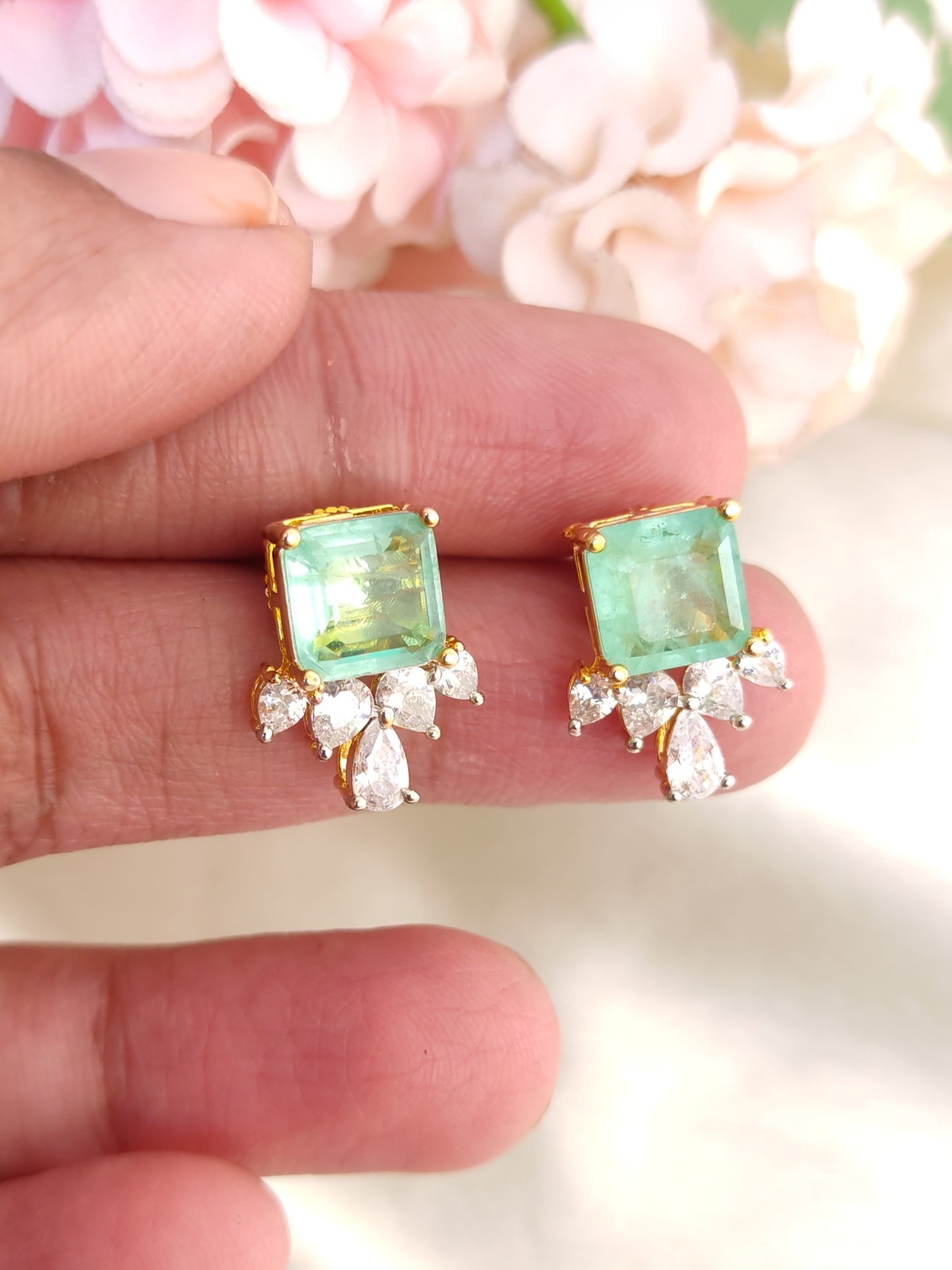 Green Stud Earrings with Crystal Drops | Gold-Plated Daily Wear Studs