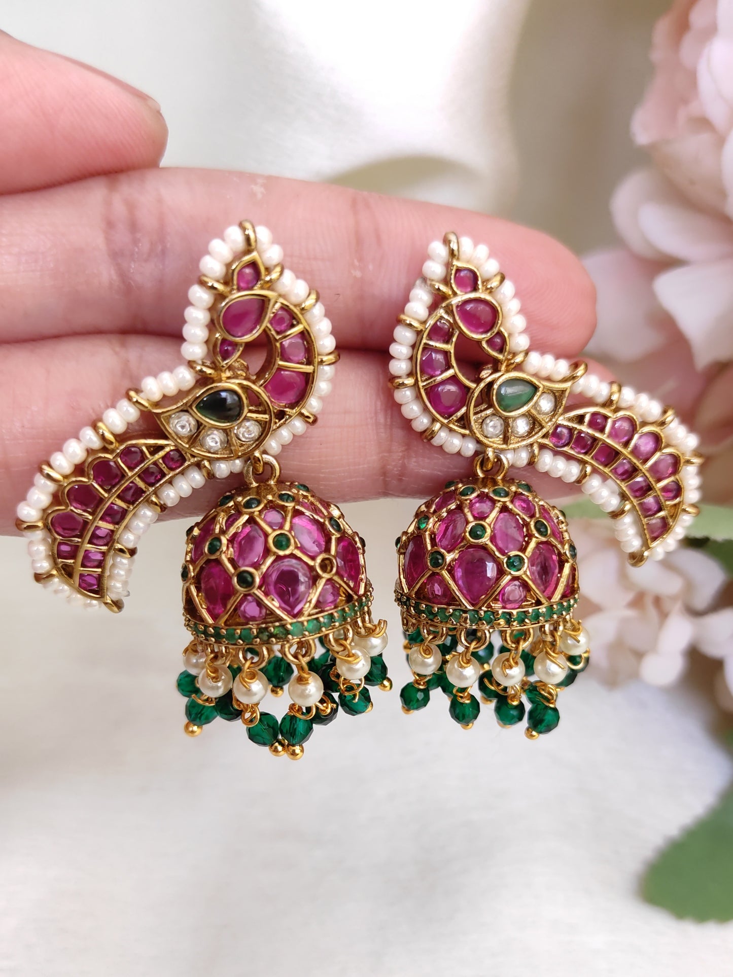 Peacock Design Ruby Pink & Emerald Green Stone Jhumka Earrings with Pearls