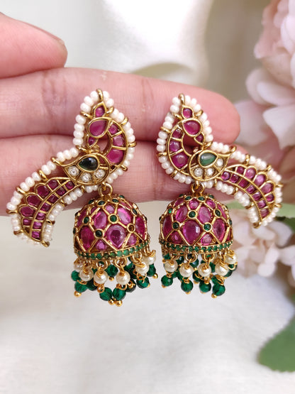 Peacock Design Ruby Pink & Emerald Green Stone Jhumka Earrings with Pearls