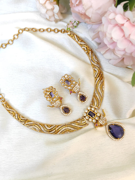 Premium Gold Plated Peacock Motif Necklace Set – Violet Stone