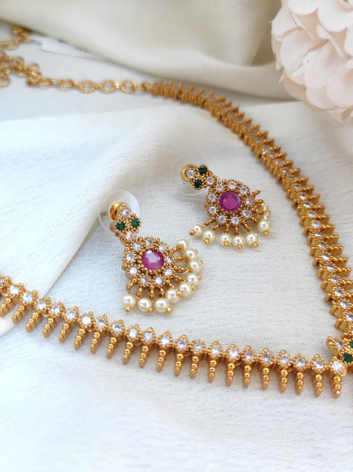 Traditional Ruby Stone One Gram Gold Necklace Set with Pearl Drops & Earrings