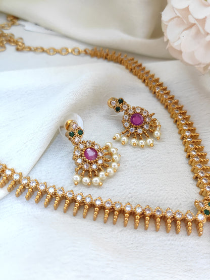 Traditional Ruby Stone One Gram Gold Necklace Set with Pearl Drops & Earrings