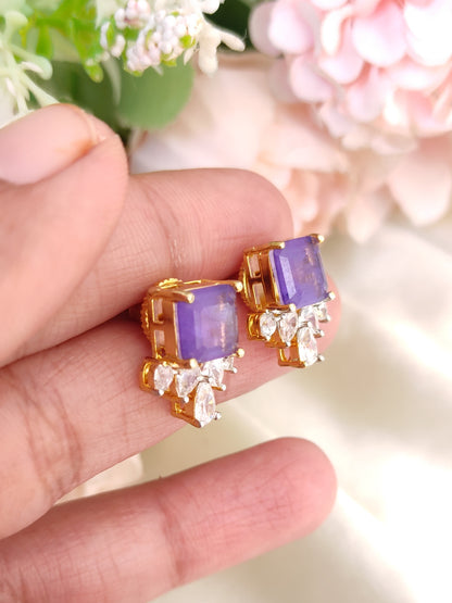 Purple Stud Earrings with Crystal Drops | Gold-Plated Daily Wear Studs
