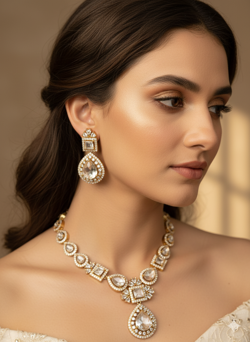 Gold Plated AD Stone Necklace Set with Earrings – Bridal & Party Wear Jewelry
