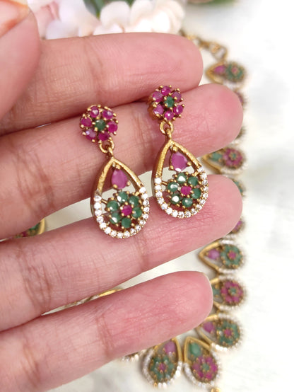 Traditional Tear-Drop Necklace Set in Green & Pink Stones | Temple Style Jewellery