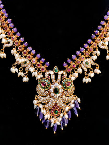 Purple Kemp Stone Peacock Necklace Set with Pearls | Bridal & Temple Jewellery