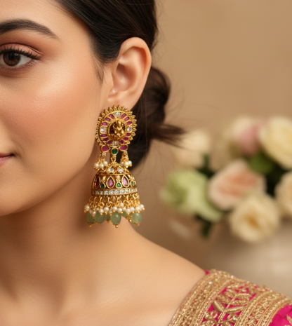 South Indian Temple Jhumka Earrings | Ruby Green Lakshmi Design with Pearl Hangings