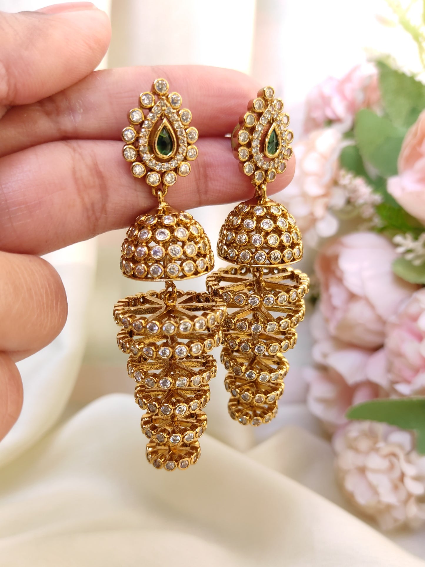 Green Stone Spiral Antique Gold Long Jhumka Earrings | Bridal & Festive Wear