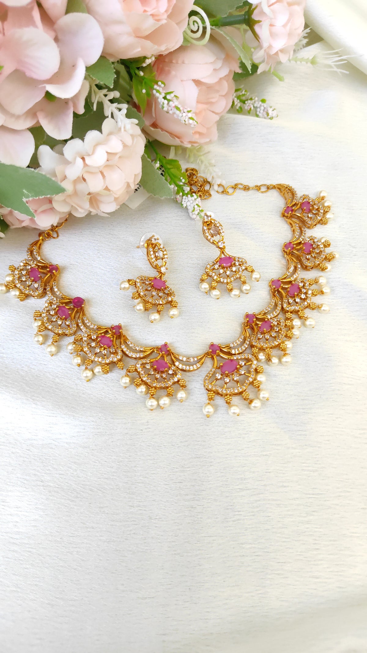 Designer necklace with earrings in Ruby colour
