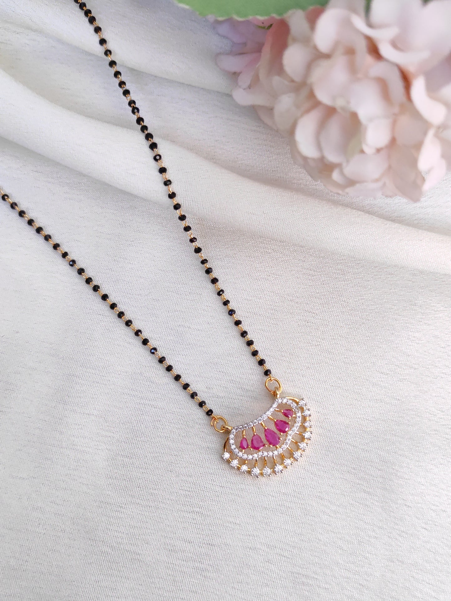 Ruby Pink AD Fan Pendant Black Bead Chain – Elegant Daily Wear Mangalsutra