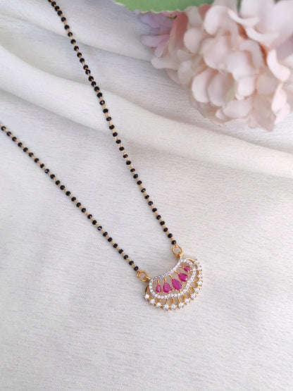 Ruby Pink AD Fan Pendant Black Bead Chain – Elegant Daily Wear Mangalsutra