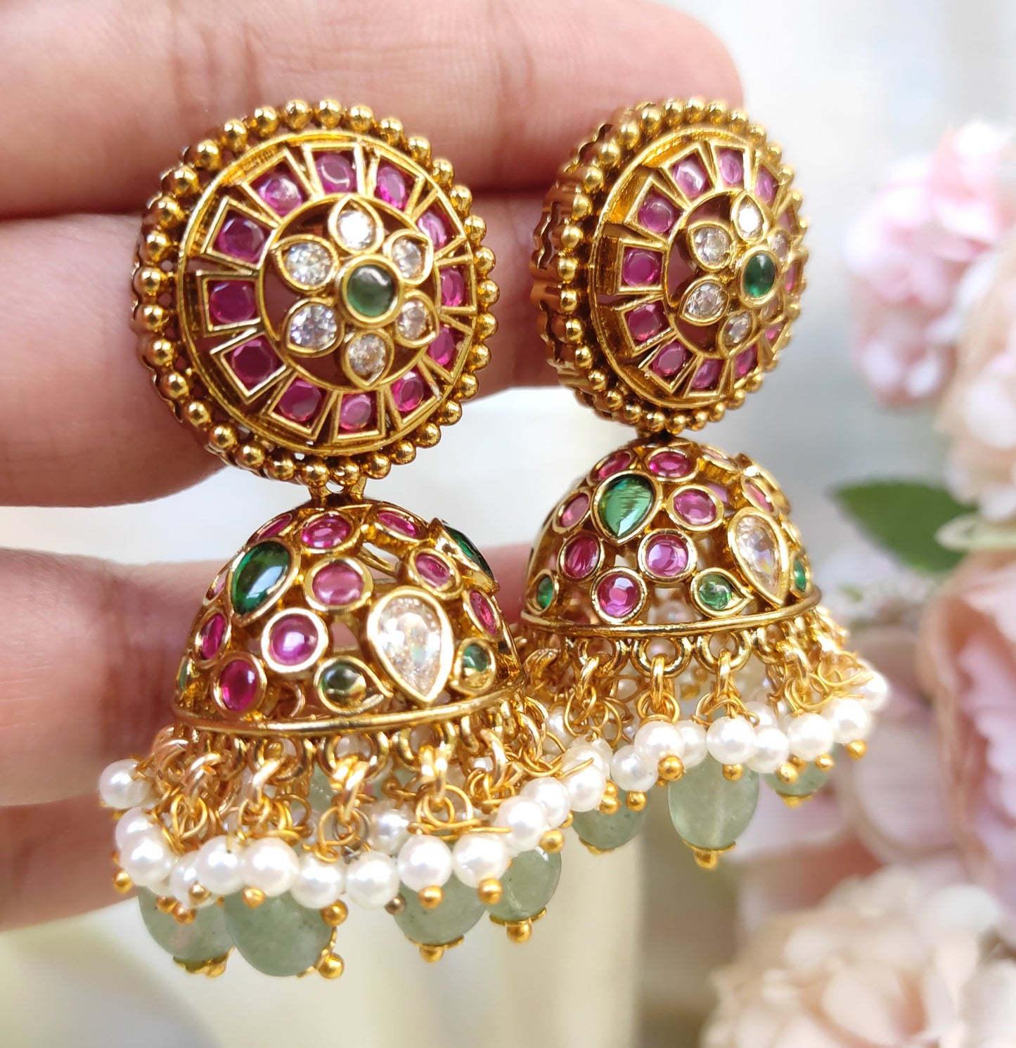 Kemp Stone Jhumka Earrings | Ruby Green Gold Plated Traditional Earrings