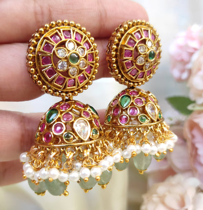 Kemp Stone Jhumka Earrings | Ruby Green Gold Plated Traditional Earrings