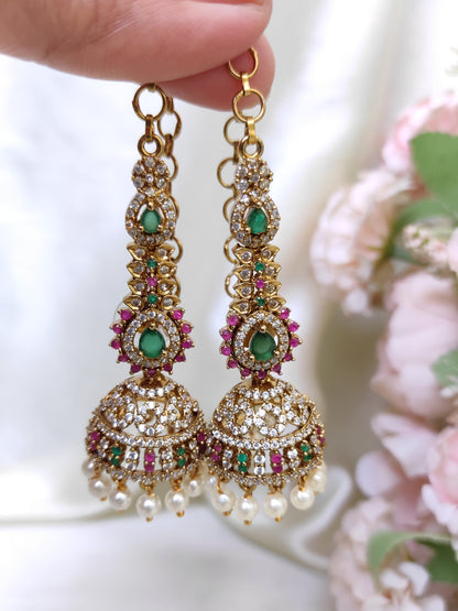Traditional Emerald Green & Ruby CZ Long Jhumka Earrings with Pearl Drops