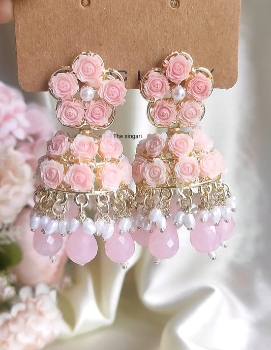 Peach Rose Floral Beaded Jhumkas – Vibrant & Handmade Look