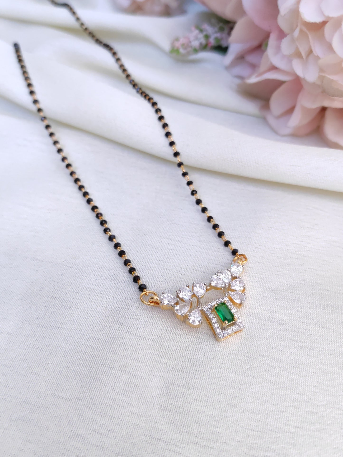 Emerald Green Rectangle AD Pendant Black Bead Chain – Elegant Mangalsutra Chain