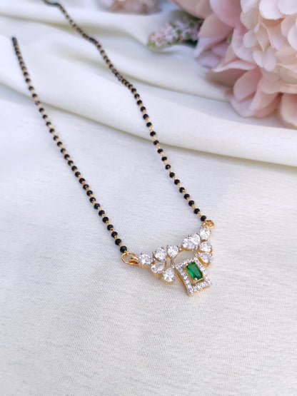 Emerald Green Rectangle AD Pendant Black Bead Chain – Elegant Mangalsutra Chain