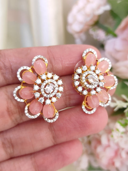 Blush Pink Crystal Bloom Stud Earrings | Premium One Gram Gold Polish | Festive & Daily Wear