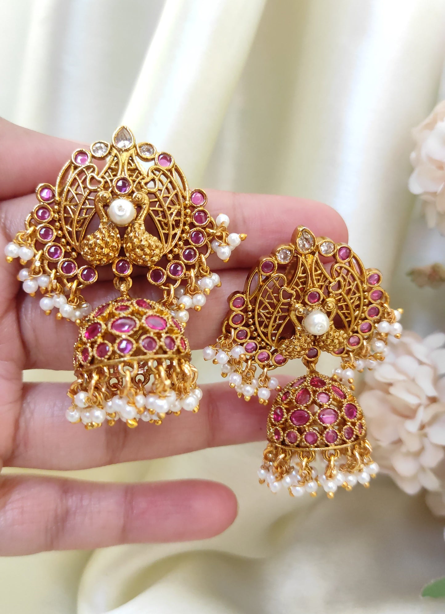 Traditional Peacock Ruby Stone Jhumka Earrings with Pearl Drops | South Indian Temple Jewellery