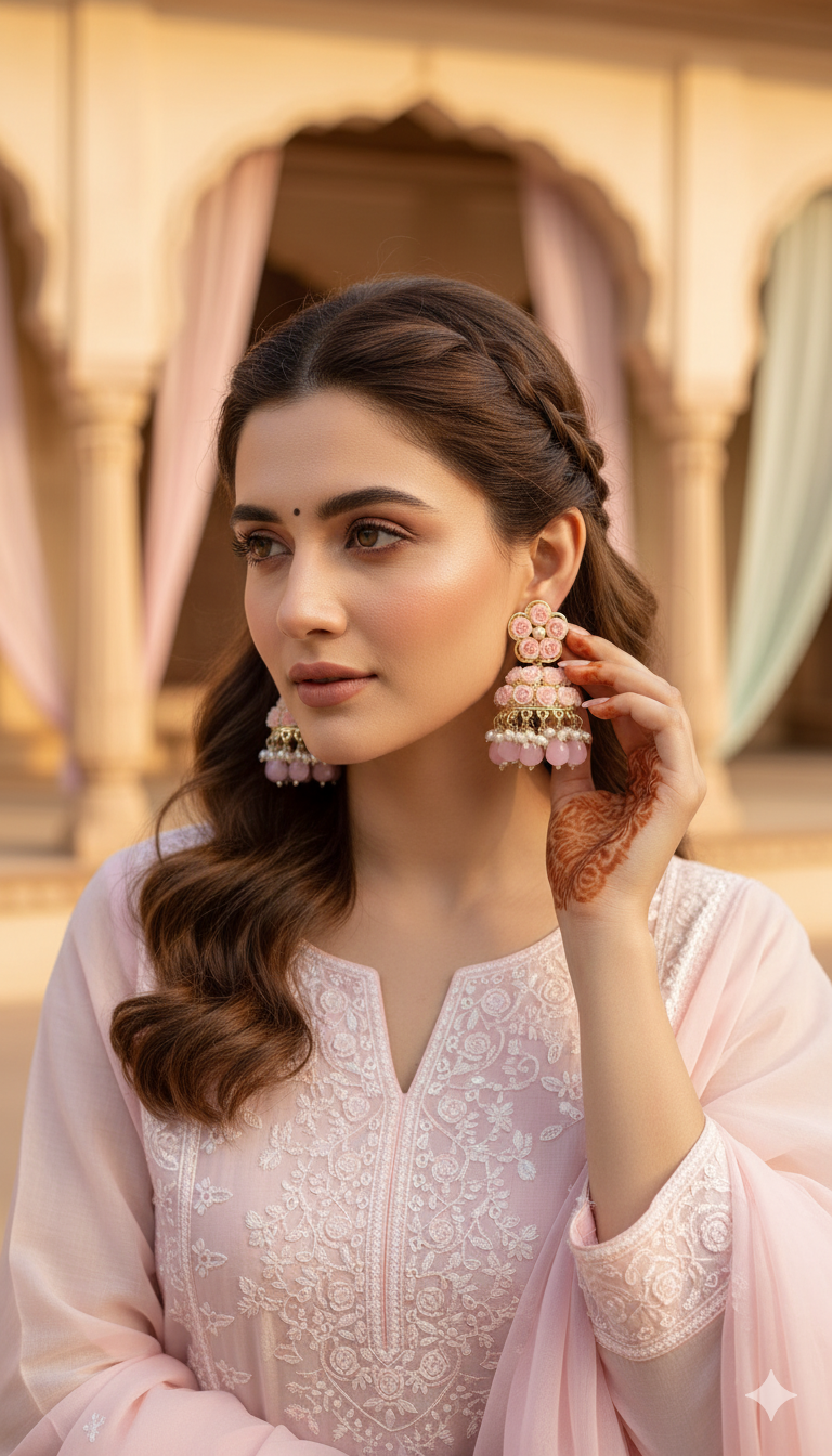 Peach Rose Floral Beaded Jhumkas – Vibrant & Handmade Look