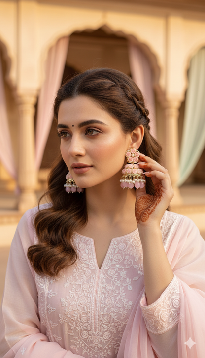 Peach Rose Floral Beaded Jhumkas – Vibrant & Handmade Look