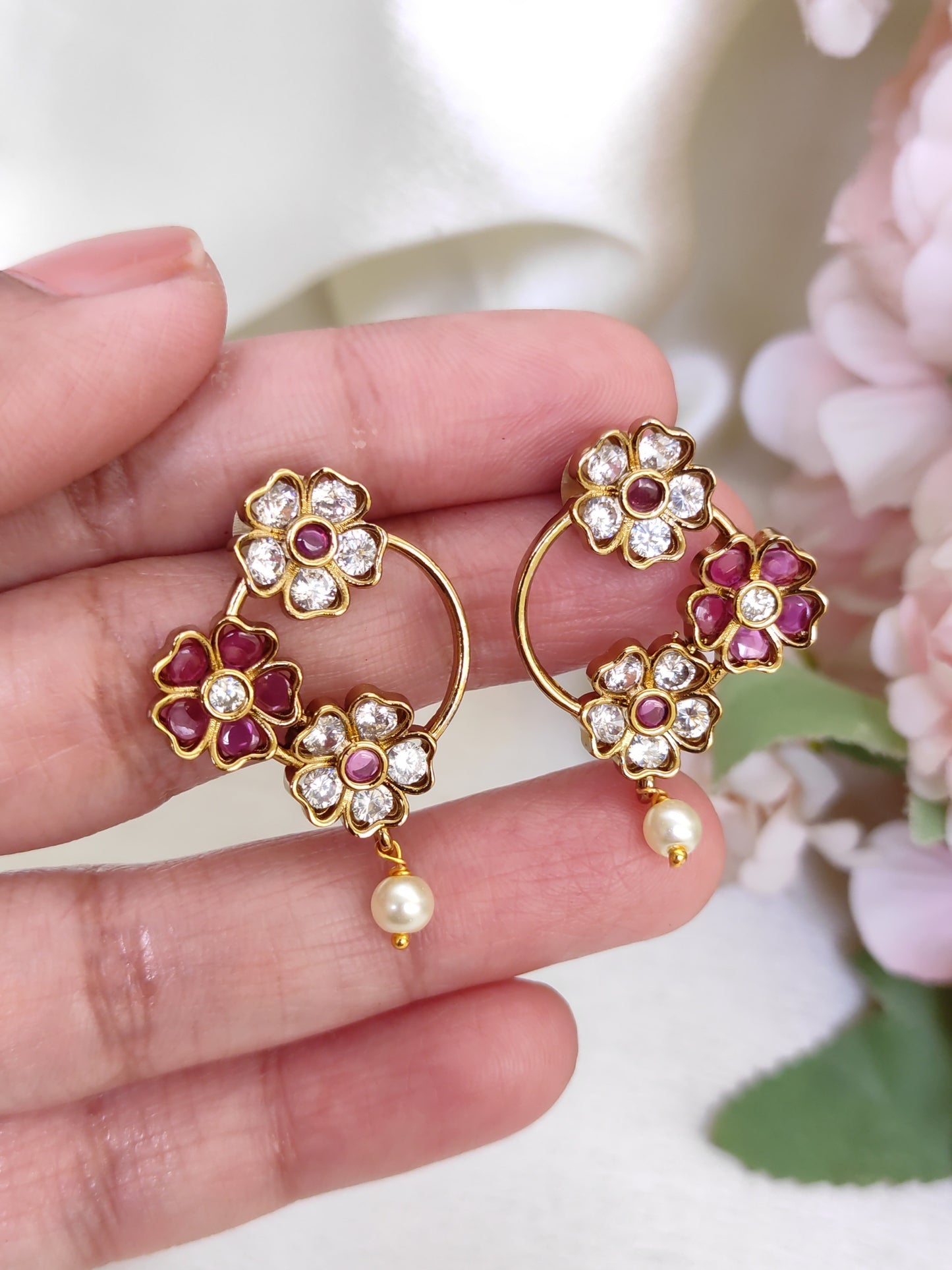 Floral Ruby & White CZ Circle Earrings with Pearl Drop – Lightweight Ethnic Studs