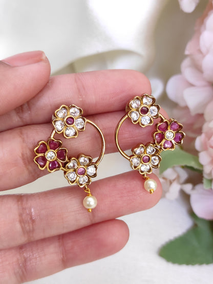 Floral Ruby & White CZ Circle Earrings with Pearl Drop – Lightweight Ethnic Studs
