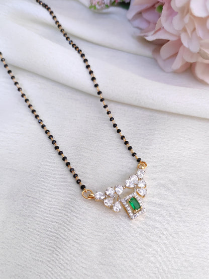 Emerald Green Rectangle AD Pendant Black Bead Chain – Elegant Mangalsutra Chain