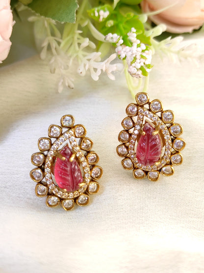 Ruby Leaf Carving Stud Earrings – Premium CZ Detailing