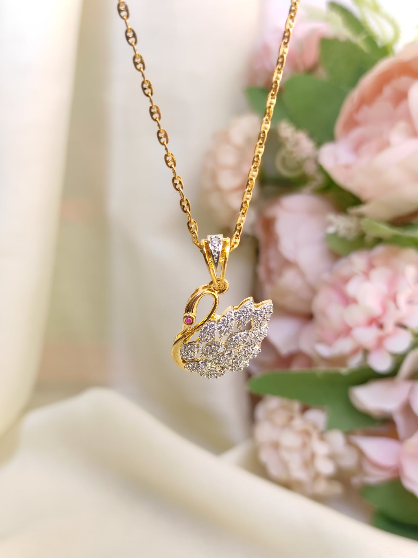 Elegant Swan CZ Pendant Chain – One Gram Gold Polish | Daily Wear & Gifting Necklace