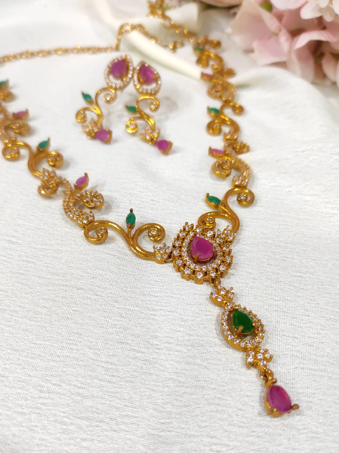 Green Pink gold plated Necklace set long locket