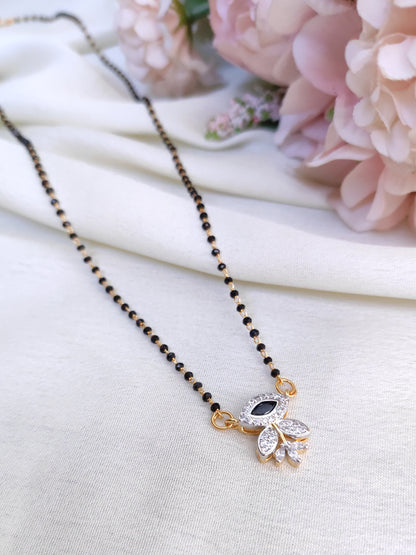 Leaf Design Black Stone AD Pendant Black Bead Chain – Delicate Everyday Wear