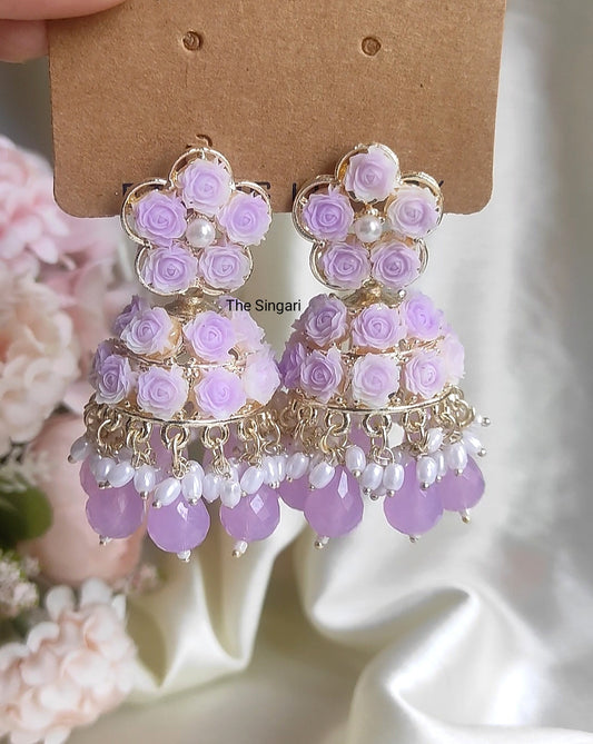 Lavender Rose Floral Beaded Jhumkas – Vibrant & Handmade Look