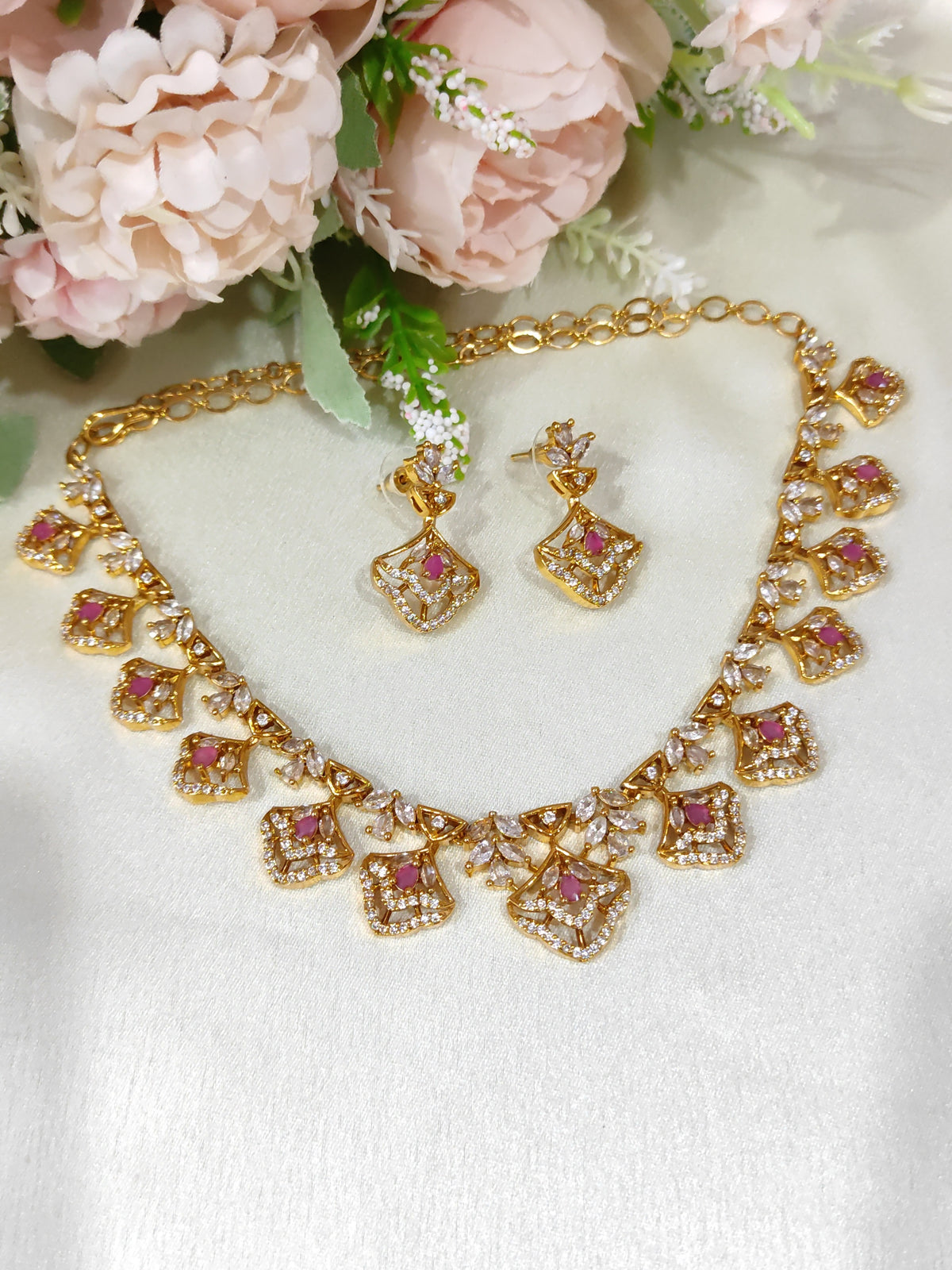 Designer Pink Stone Necklace & Earrings Set – Gold Finish
