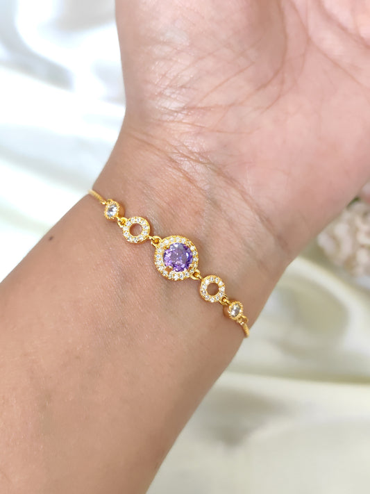 Gold Plated Lavender Round Stone Adjustable Bracelet for Women | Elegant Zircon Designer Bracelet