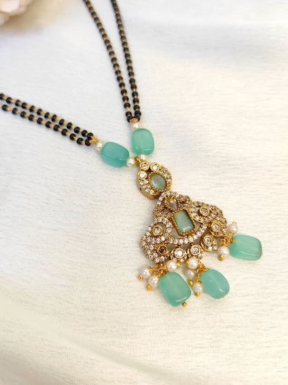 Mint Green Stone Mangalsutra with CZ Pendant | Double-Chain Black Bead Design