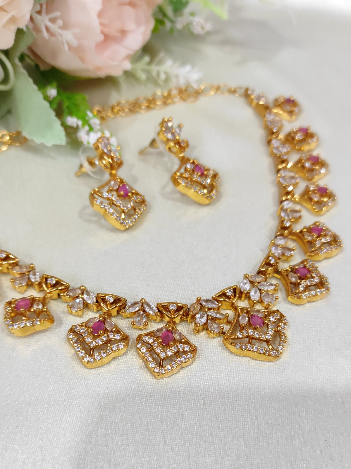 Designer Pink Stone Necklace & Earrings Set – Gold Finish