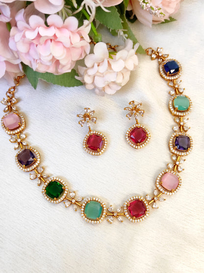 Premium Multicolor Gemstone Necklace Set | One Gram Gold Plated Jewellery