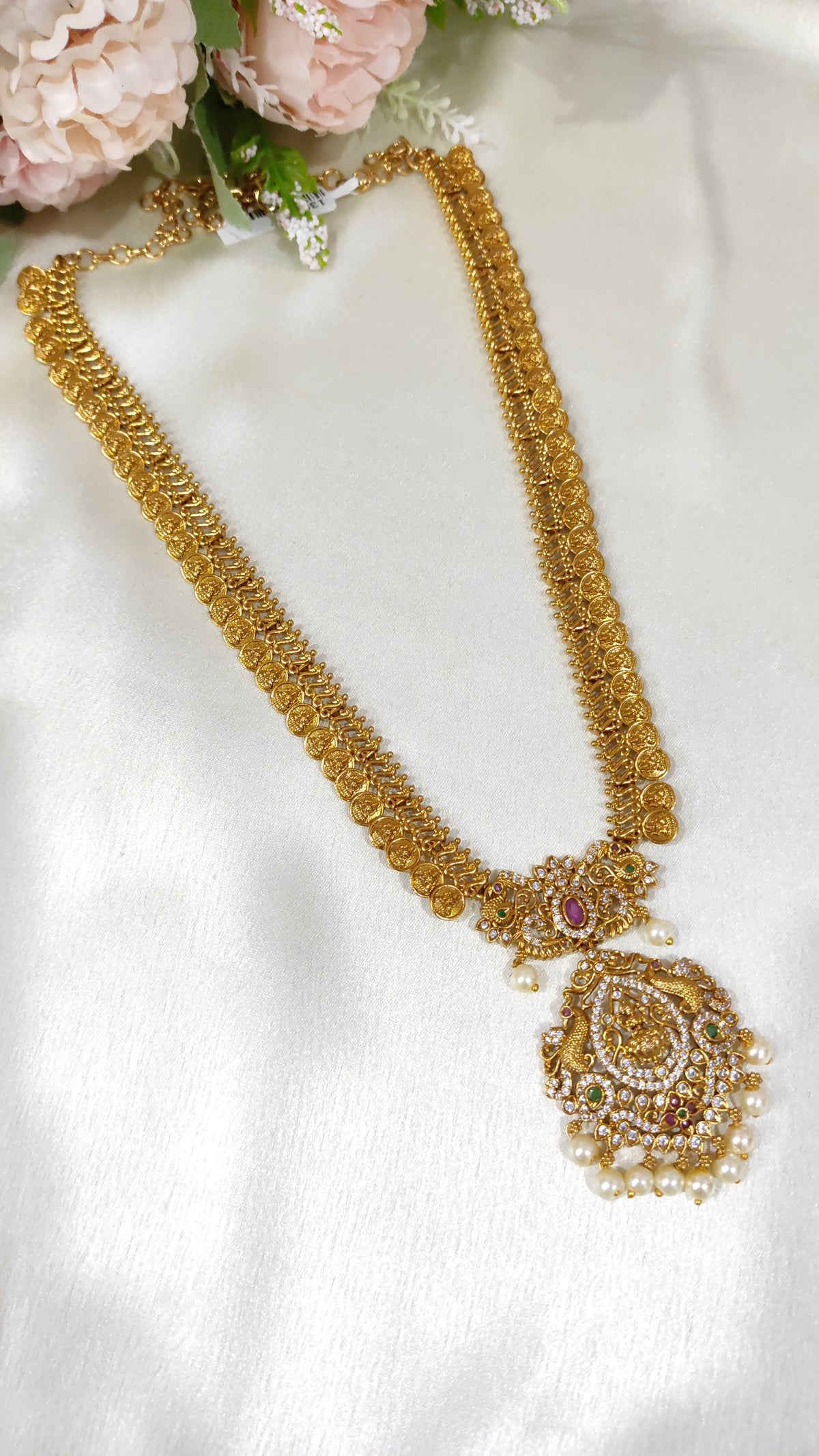Traditional Lakshmi Coin Necklace with Kundan Pendant & Pearl Drops