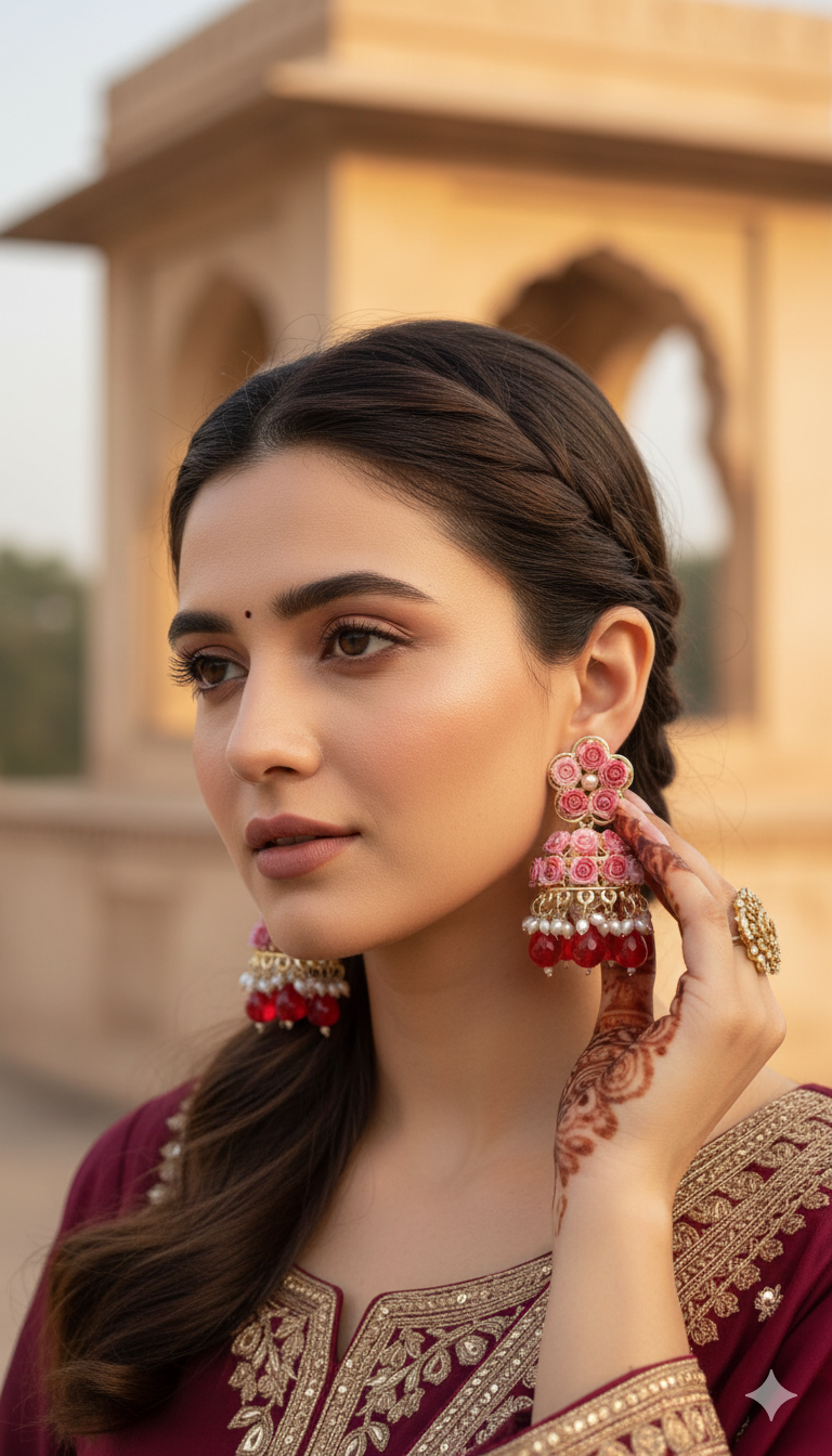 Red Rose Floral Beaded Jhumkas – Vibrant & Handmade Look