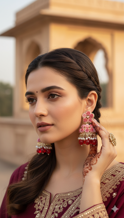 Red Rose Floral Beaded Jhumkas – Vibrant & Handmade Look