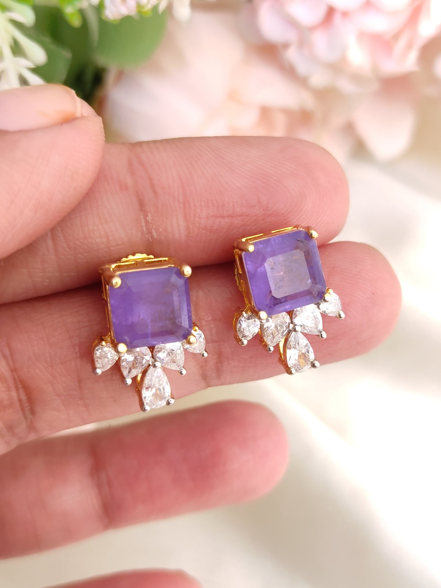 Purple Stud Earrings with Crystal Drops | Gold-Plated Daily Wear Studs