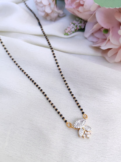Leaf Design White AD Pendant Black Bead Chain – Minimal Gold Finish Necklace
