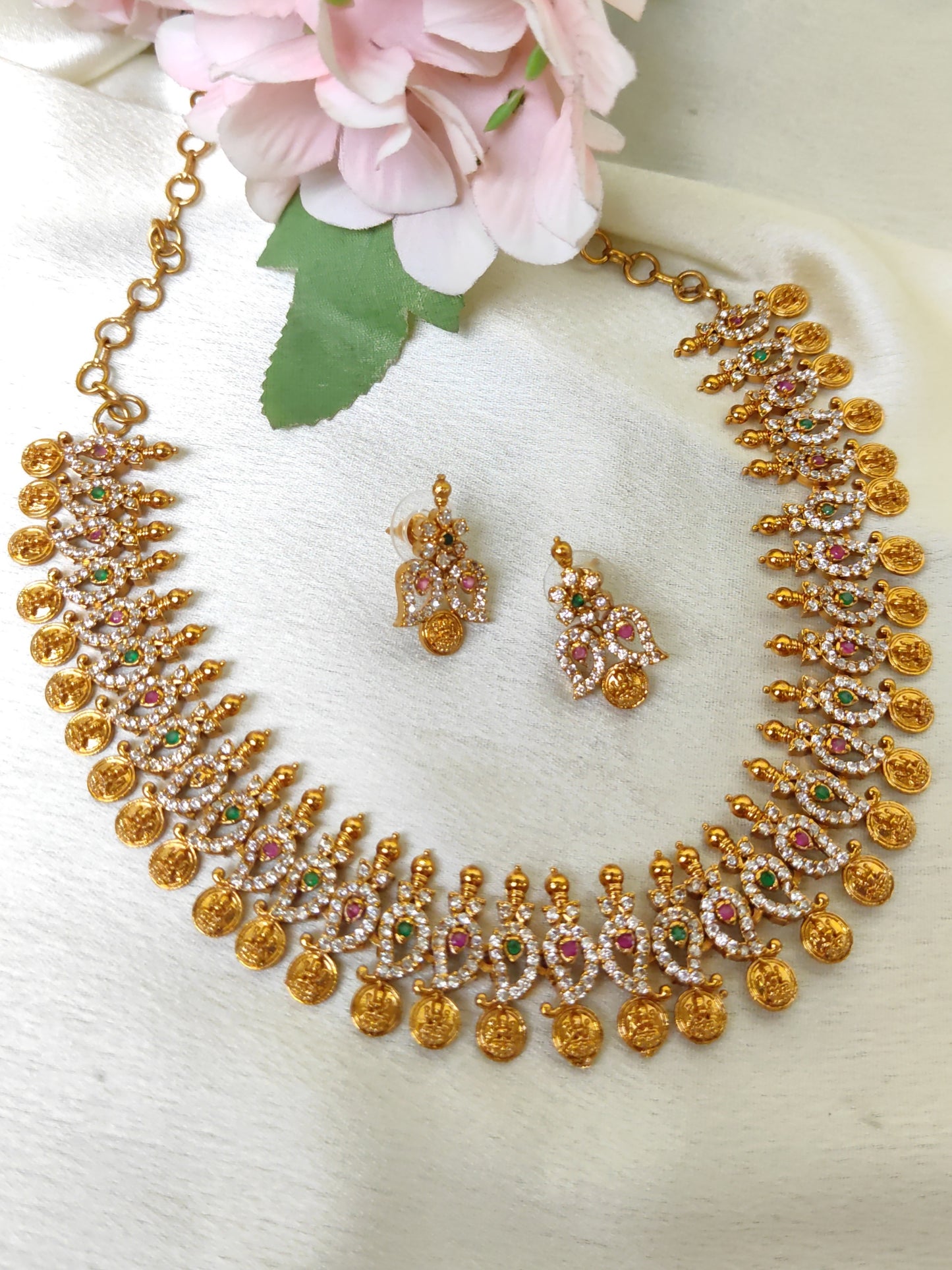 Lakshmi Coin Temple Necklace Set with CZ Stones – Traditional South Indian Bridal Jewellery
