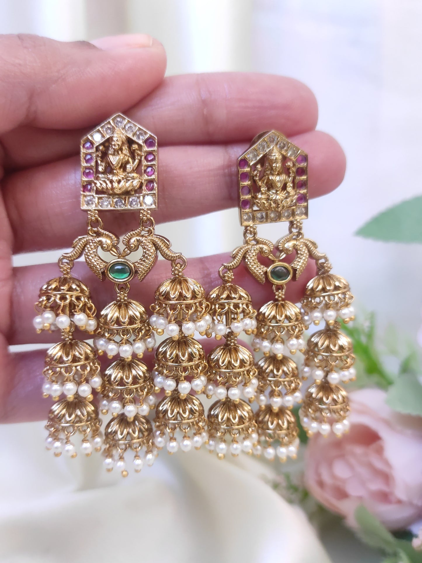 Lakshmi Motif Antique Gold Temple Jhumka Earrings with Pearl Drops